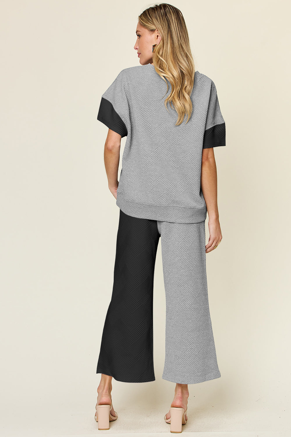 Double Take Full Size Texture Contrast T-Shirt and Wide Leg Pants Set - More Colors! - In Style Chics Boutique LLC