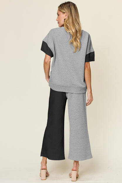 Double Take Full Size Texture Contrast T-Shirt and Wide Leg Pants Set - More Colors! - In Style Chics Boutique LLC