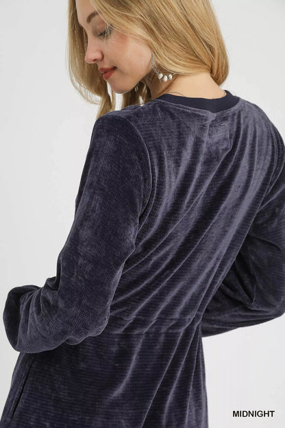 Velour Drawstring Mini Dress with Long Sleeves at In Style Chics Boutique 