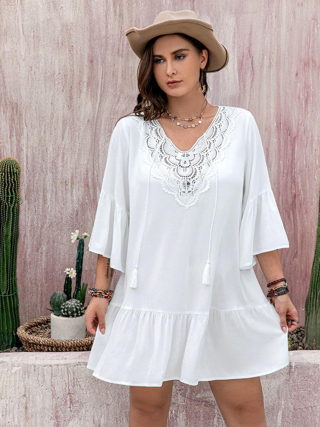 Plus Size Lace Detail Tie Neck Three-Quarter Sleeve Mini Dress - In Style Chics Boutique LLC