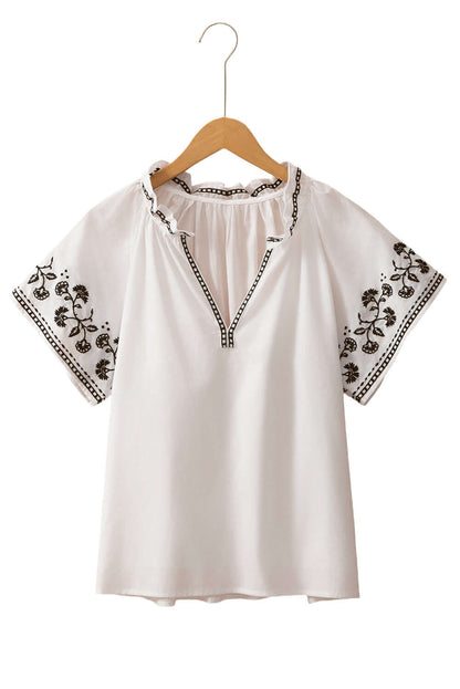 White Floral Embroidered Short Sleeve V Neck Blouse - Cute Clothes Online - In Style Chics Boutique Women's Juniors Apparel 