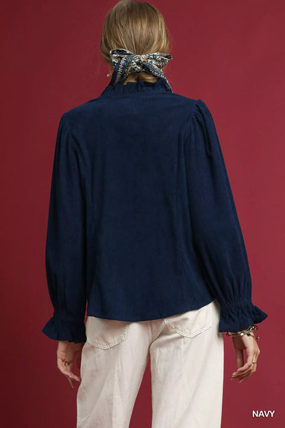 Navy Corduroy Ruffle Shirt with Long Puff Sleeves at In Style Chics Boutique 