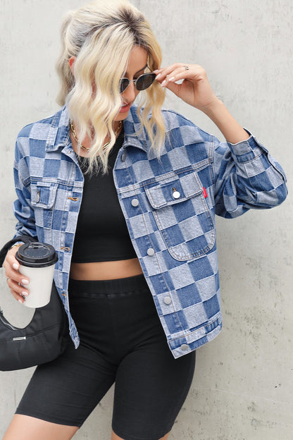 Checkered Button Up Long Sleeve Denim Jacket - In Style Chics Boutique LLC