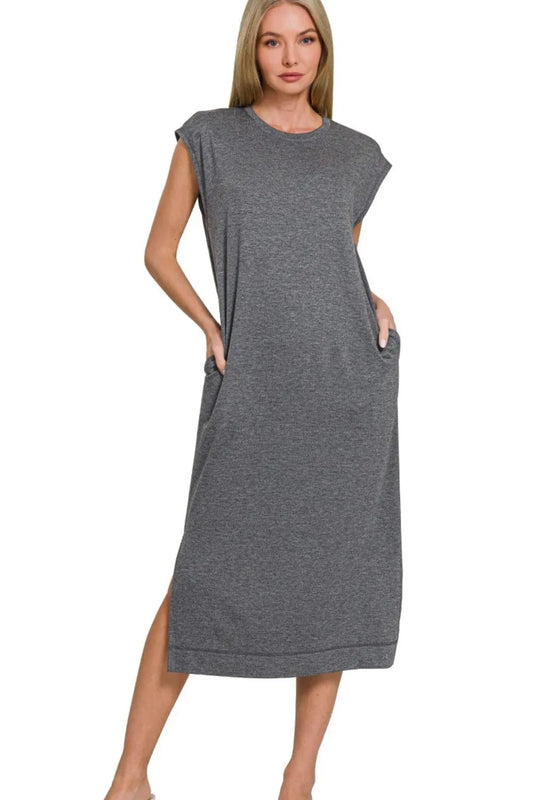 Midi Dress, French Terry Sleeveless Round Neck  - In Style Chics Boutique 