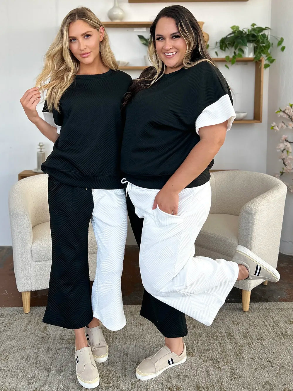 Textured Contrast T-Shirt and Wide Leg Pants Set - In Style Chics Boutique Women's Clothes 