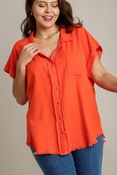 Women's Linen Blend Button Down Short Folded Sleeve Shirt - In Style Chics Boutique Online Clothing 