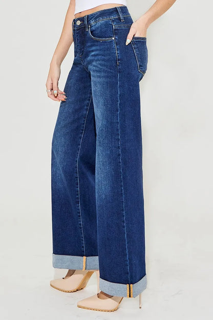 RISEN Tummy Control High Rise Wide Leg Cuffed Jeans - In Style Chics Boutique Women's Juniors Plus Size Clothes Online