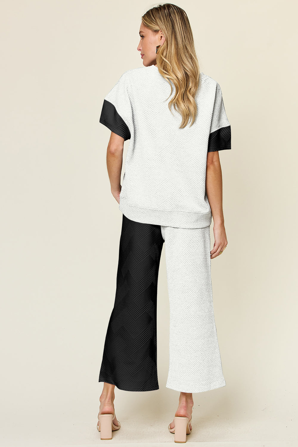 Double Take Full Size Texture Contrast T-Shirt and Wide Leg Pants Set - In Style Chics Boutique LLC