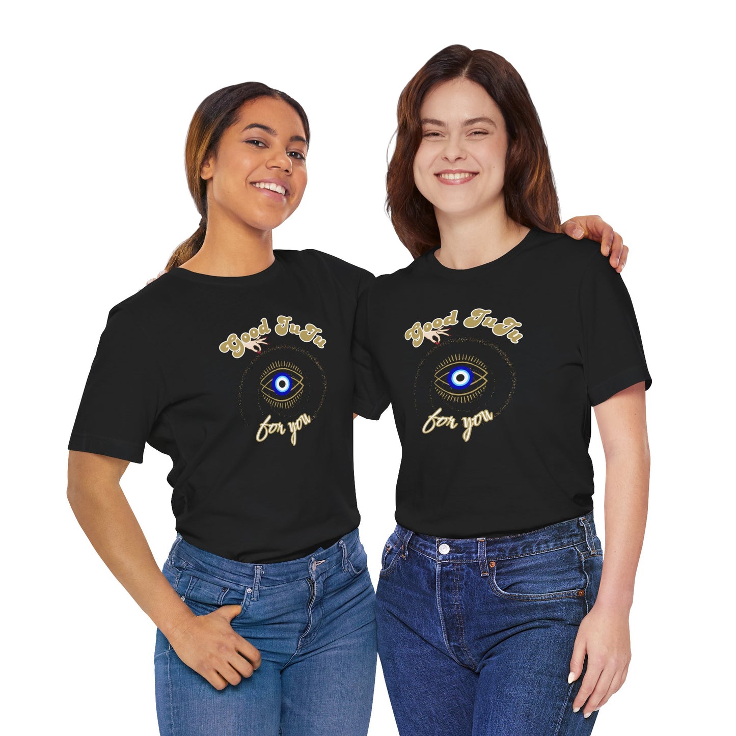 T-Shirt with Positive Message 'Good JuJu for you' and evil eye symbol, Shop Printed Tees at In Style Chics Boutique 