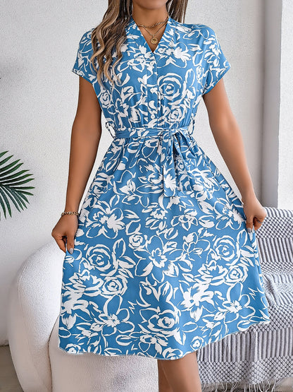 Printed V-Neck Short Sleeve Dress - In Style Chics Boutique LLC