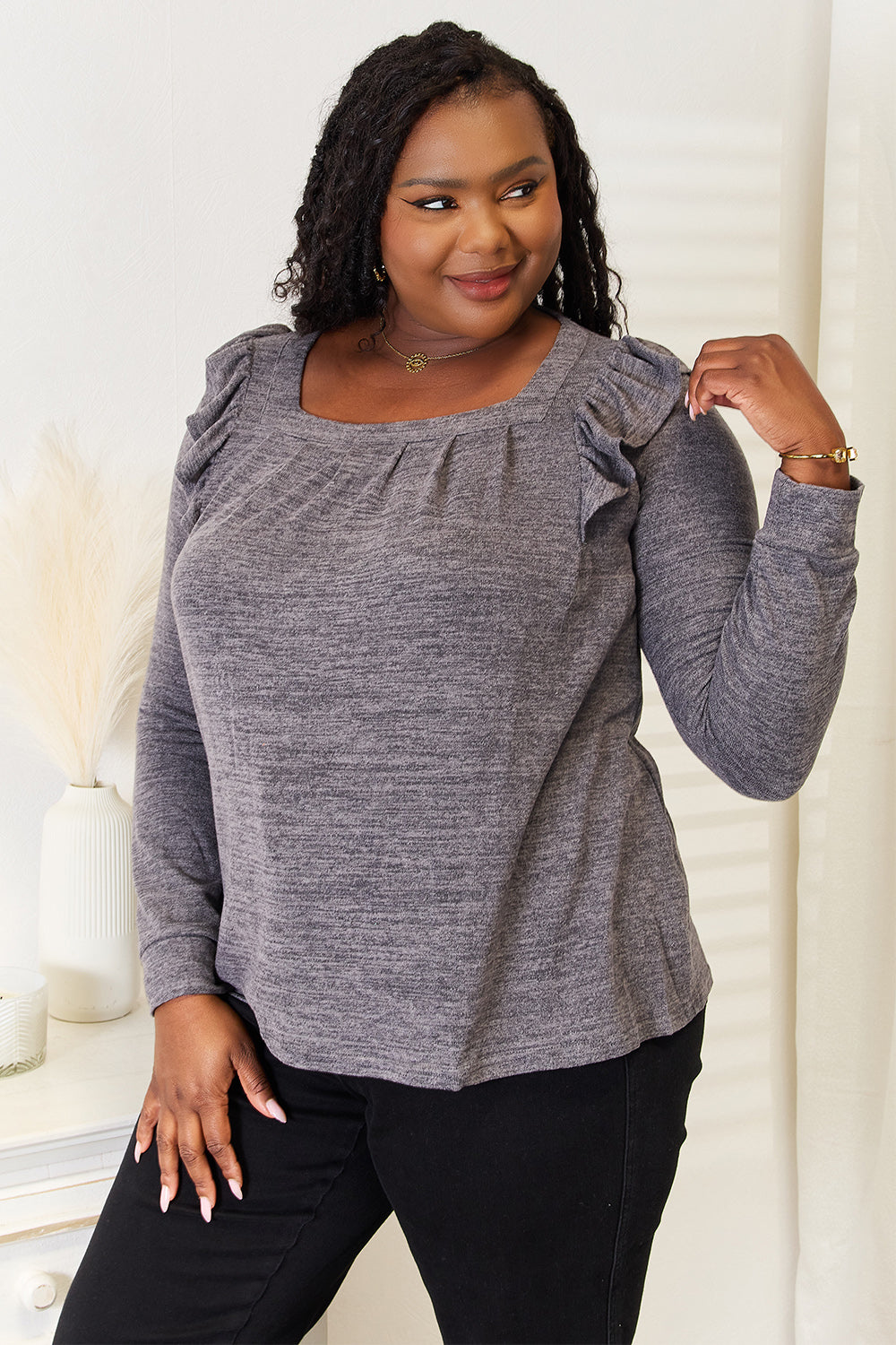 Square Neck Ruffle Shoulder Long Sleeve T-Shirt Shop Deals at In Style Chics Boutique 