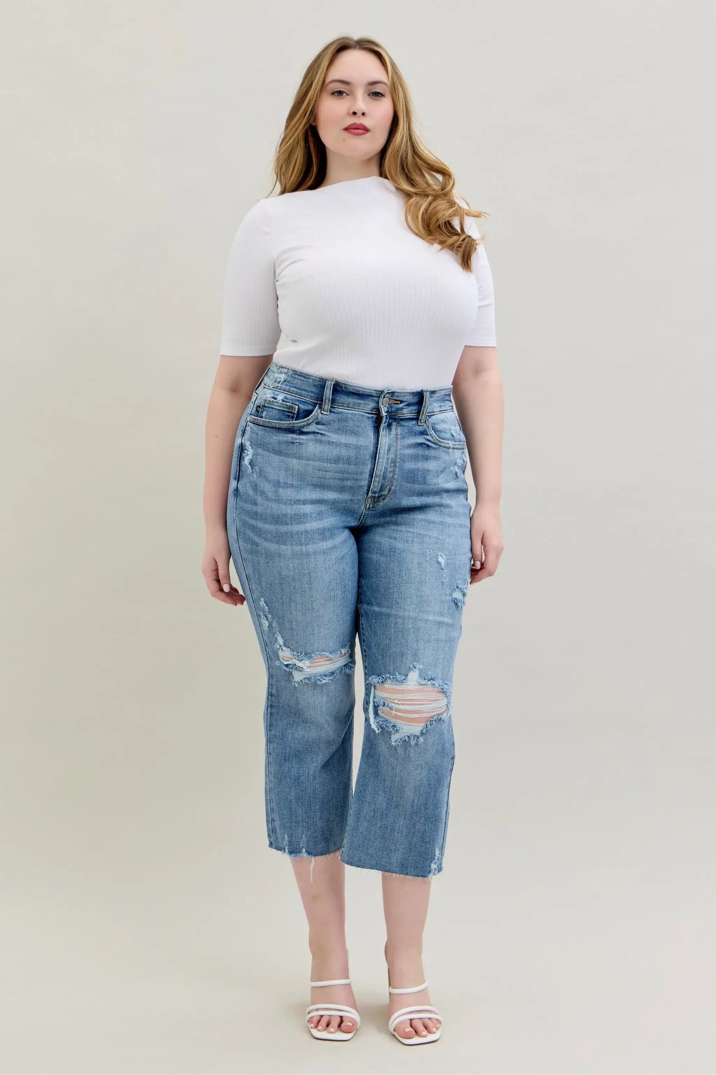 Judy Blue High Waist Destroy Crop Wide Leg Jeans - In Style Chics Boutique Women's Juniors Plus Size Apparel Online