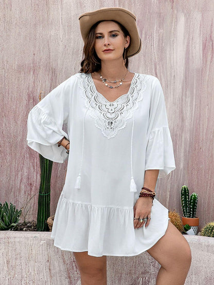 Plus Size Lace Detail Tie Neck Three-Quarter Sleeve Mini Dress - In Style Chics Boutique LLC