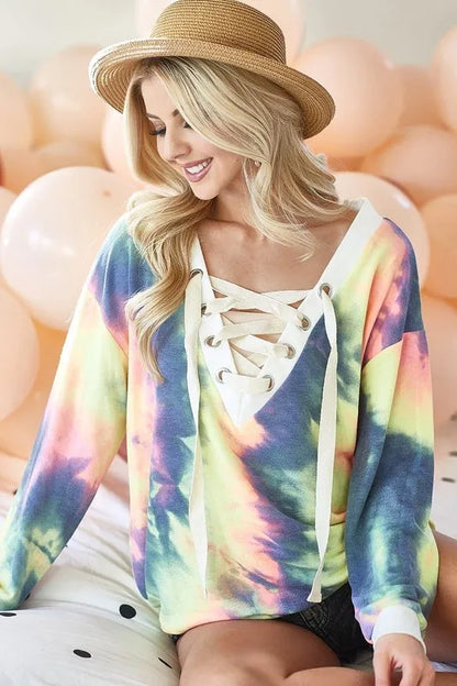 Tie Dye Deep V-Neck Top with Lace Up Front Shop Online at In Style Chics Boutique 