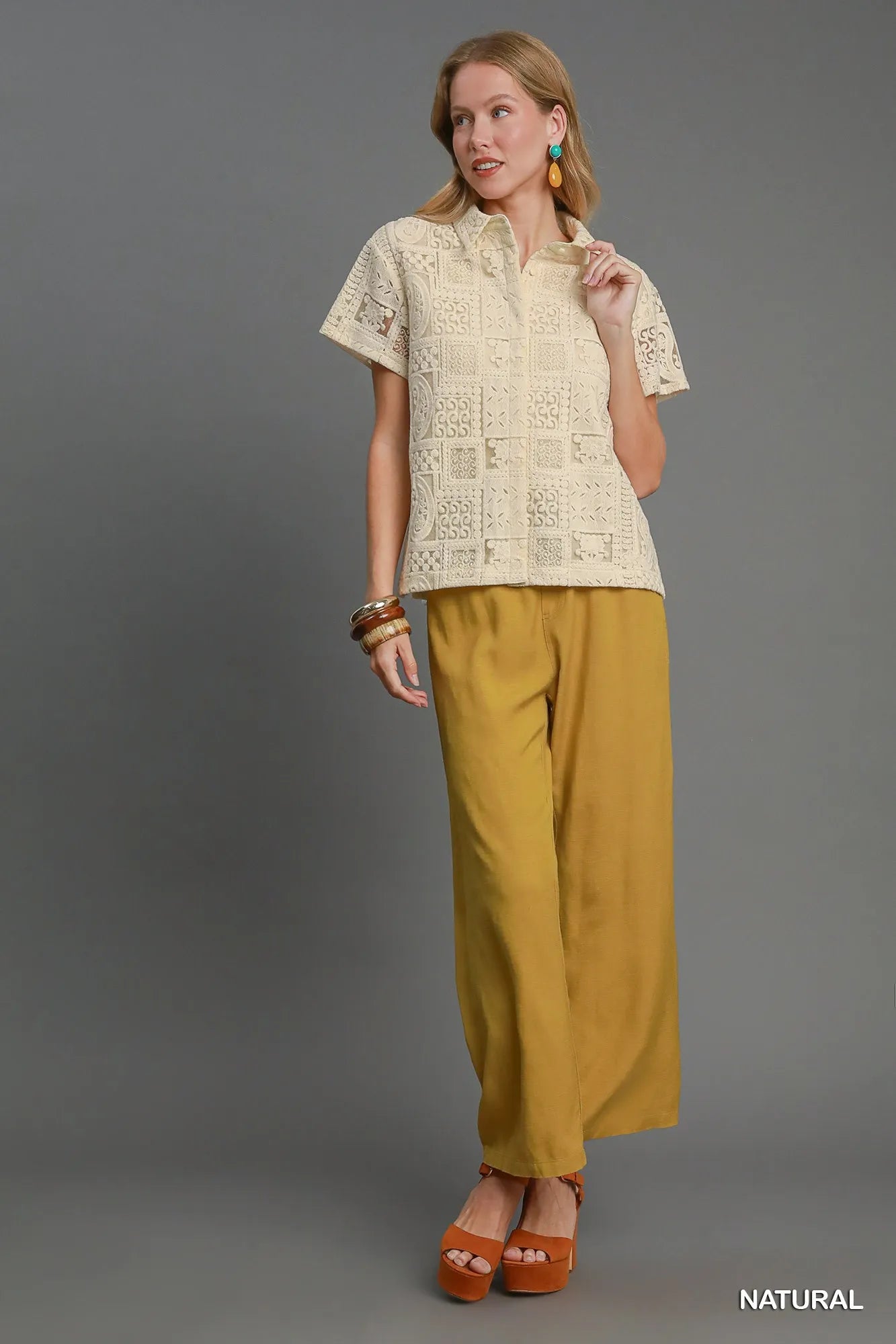Short Sleeve Button Down Shirt Patch Lace at In Style Chics Boutique 