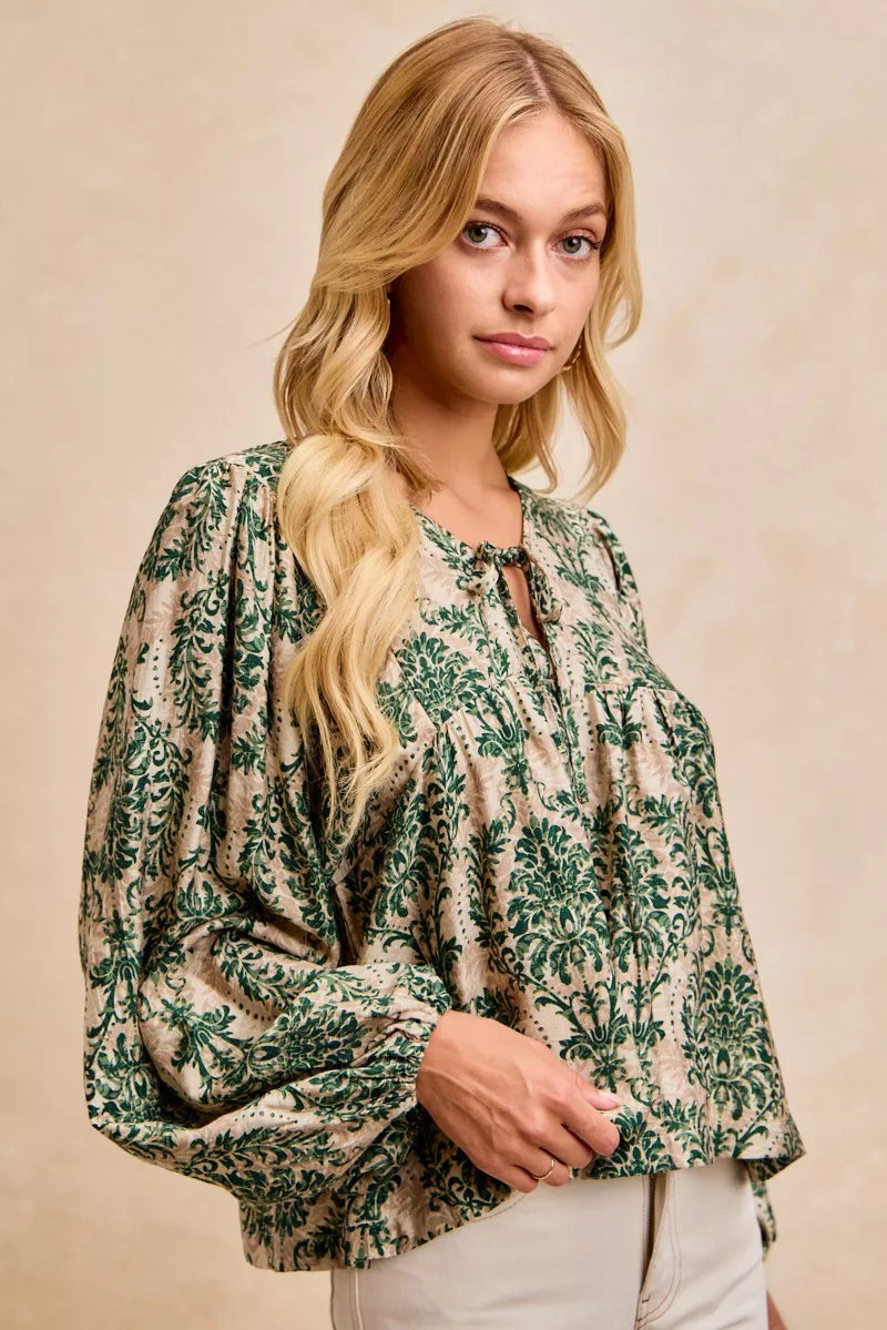 Printed Woven Front Tied Blouse with Balloon Sleeve at In Style Chics Boutique 