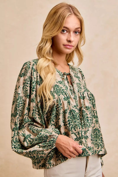 Printed Woven Front Tied Blouse with Balloon Sleeve at In Style Chics Boutique 