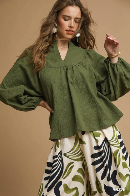 Textured Notched Blouse with Balloon Sleeves at In Style Chics Boutique 