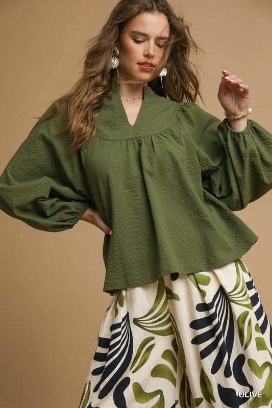 Textured Notched Blouse with Balloon Sleeves at In Style Chics Boutique 
