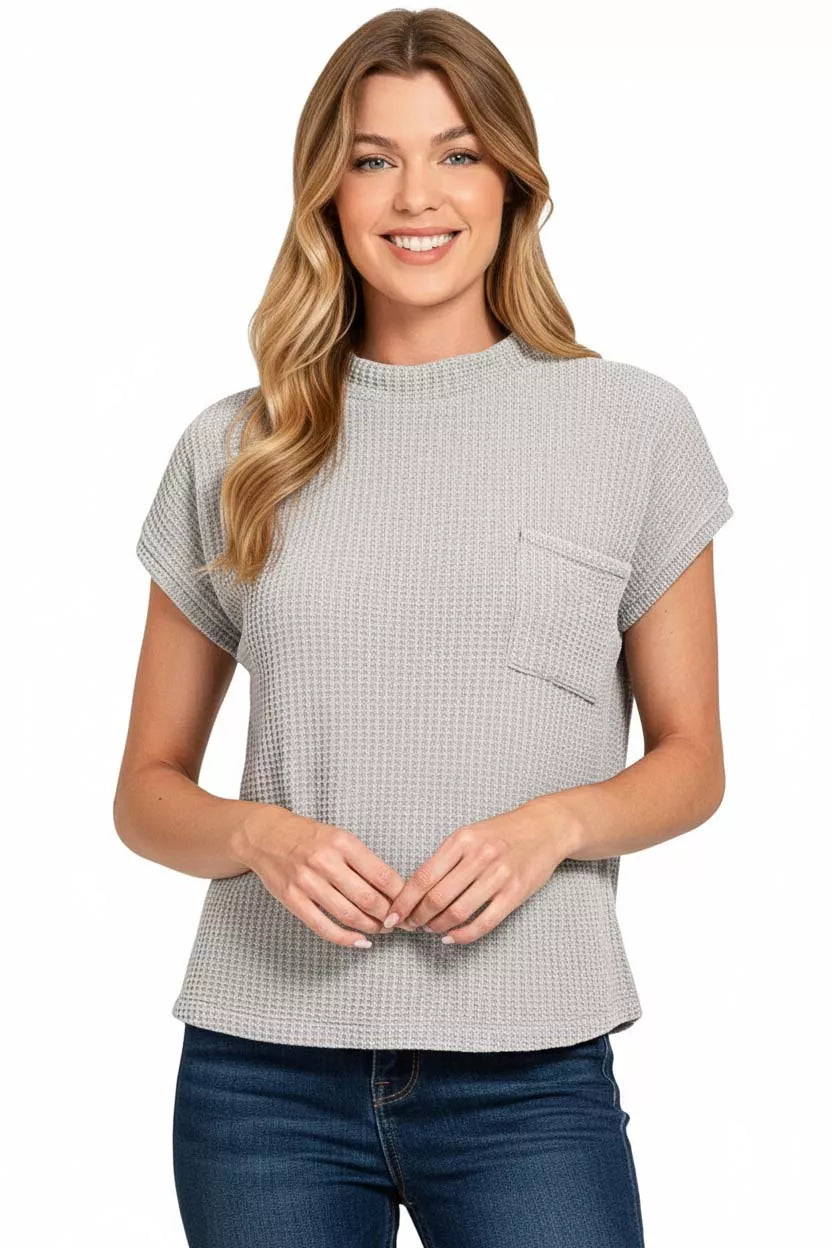 Zenana Chenille Waffle Short Sleeve Grey Sweater