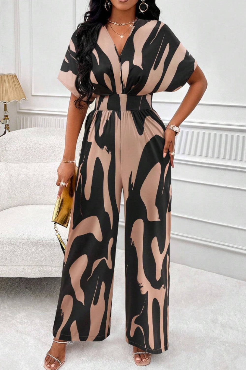 Printed V-Neck Short Sleeve Wide Leg Jumpsuit - In Style Chics Boutique LLC