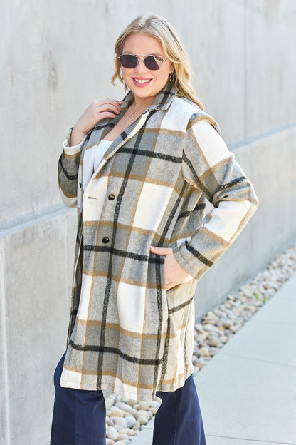 Double Take Full Size Plaid Button Up Lapel Collar Coat - In Style Chics Boutique LLC