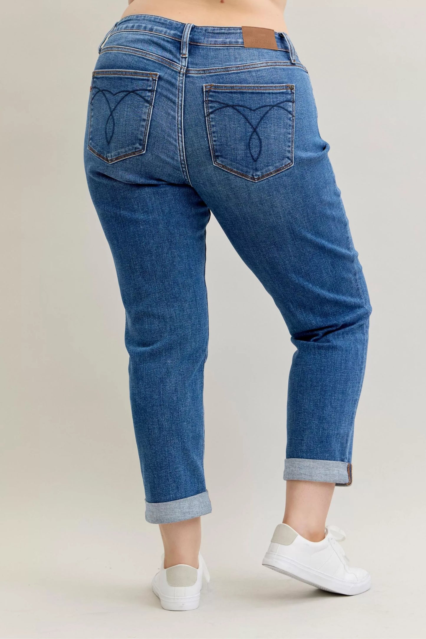 Judy Blue Mid Rise Boyfriend. Classic Cuffed Jeans at In Style Chics Boutique plus size jeans 