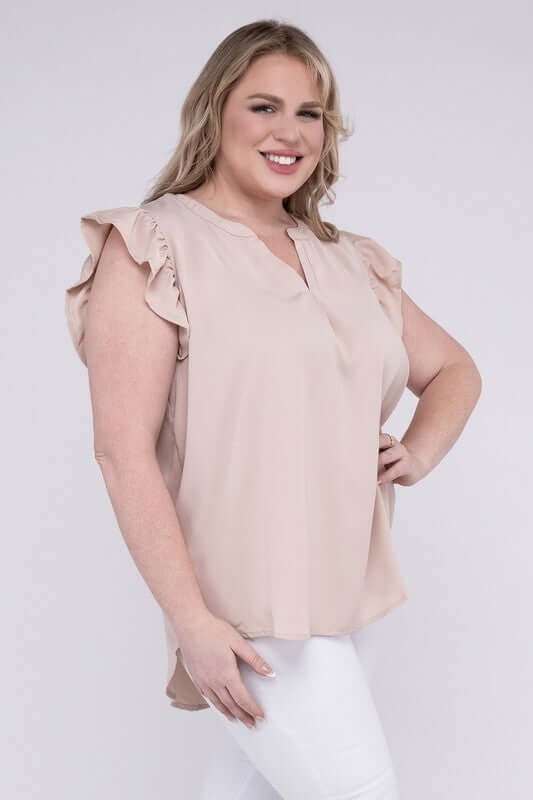 Plus Size High-Low Top, Woven Wool Ruffled Sleeve - In Style Chics Boutique 