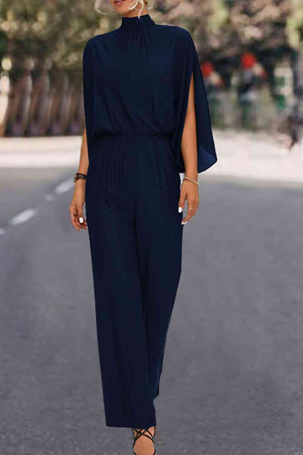 Tie Back Mock Neck Split Sleeve Jumpsuit - In Style Chics Boutique