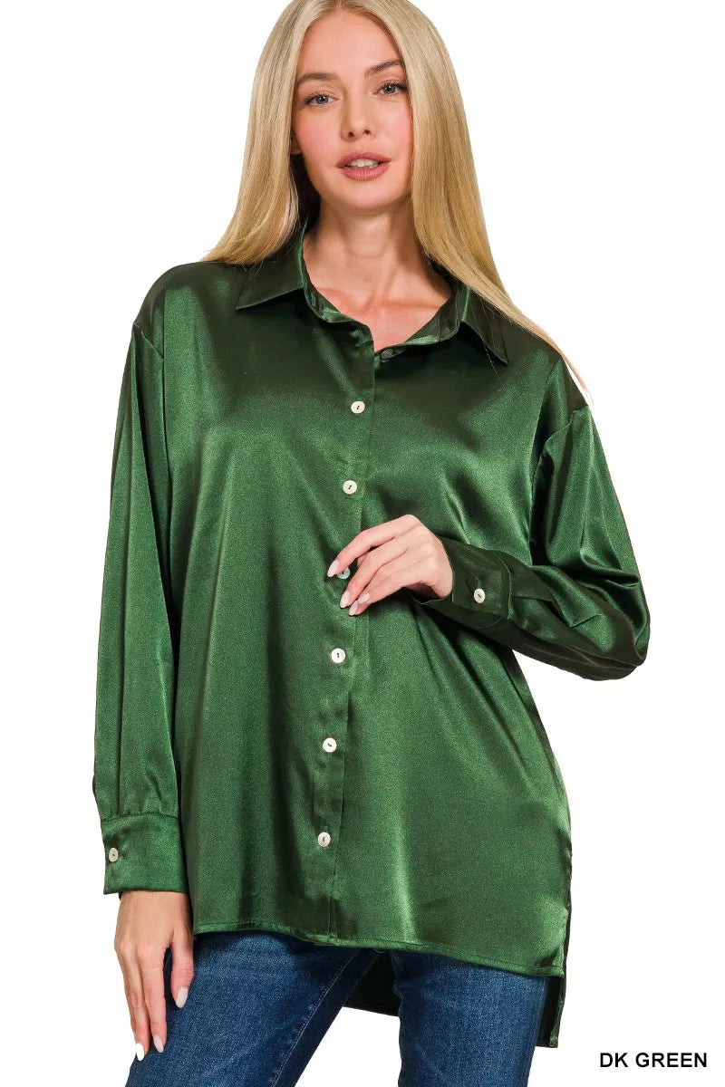 Women's Satin Button Down Long Sleeve Shirt at In Style Chics Boutique 