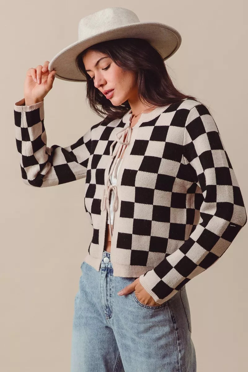 Shop Tie Front Checkered Knitted Round Neck Cardigan at In Style Chics Boutique