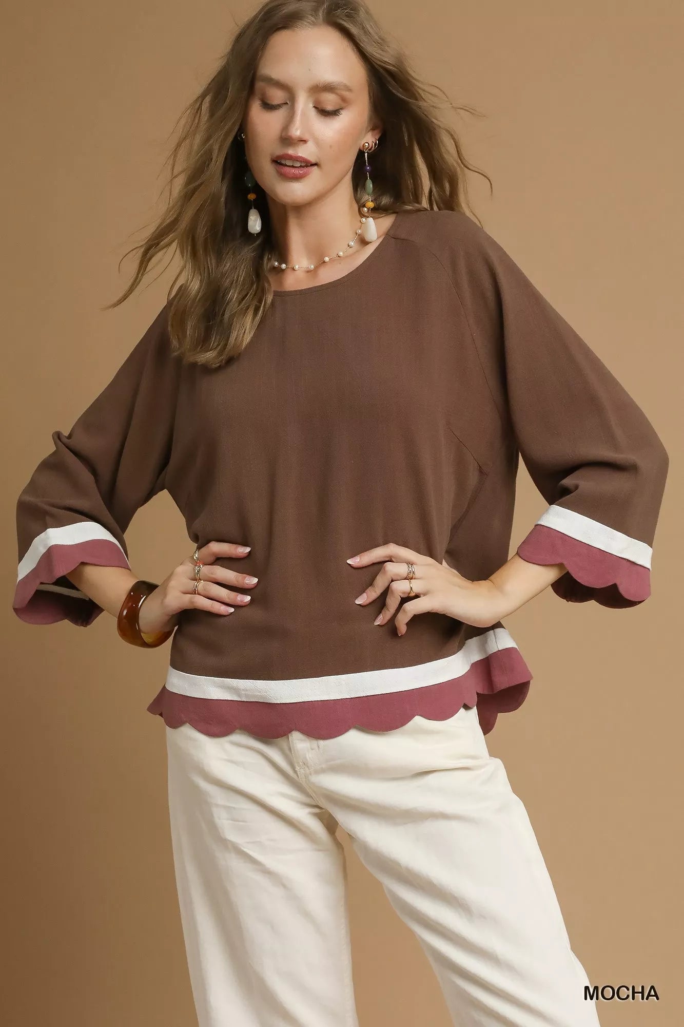 Fall Style Color Block Top, Scalloped Hem at In Style Chics Boutique 
