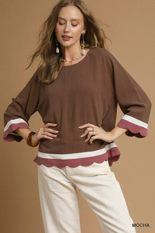 Fall Style Color Block Top, Scalloped Hem at In Style Chics Boutique 