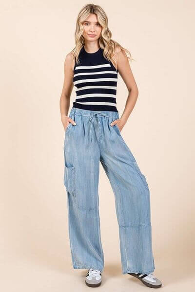  Washed Elastic Waist Cargo Wide Leg Pants