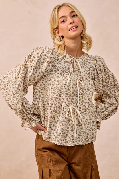 Floral Printed Peplum Blouse with Shirring and Tied at In Style Chics Boutique 
