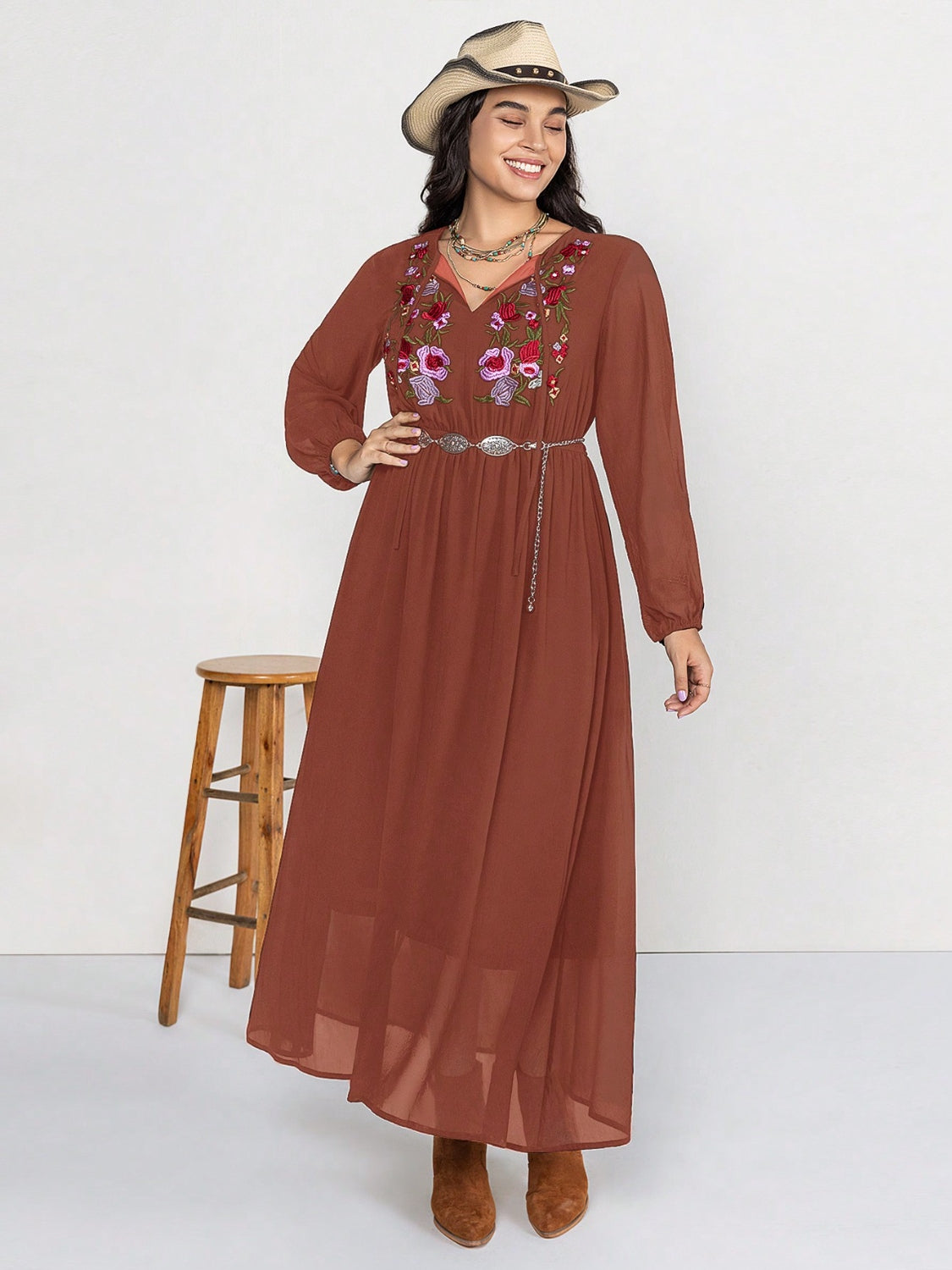 Plus-Size Embroidered Tie Neck Long Sleeve Dress - In Style Chics Boutique LLC