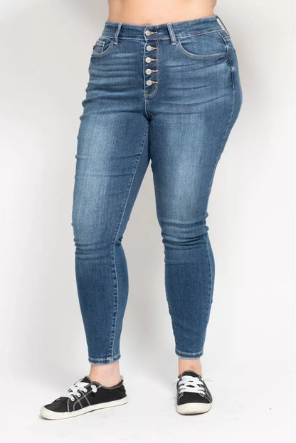 Judy Blue High Rise Button Fly Skinny Jeans at In Style Chics Boutique plus size jeans 