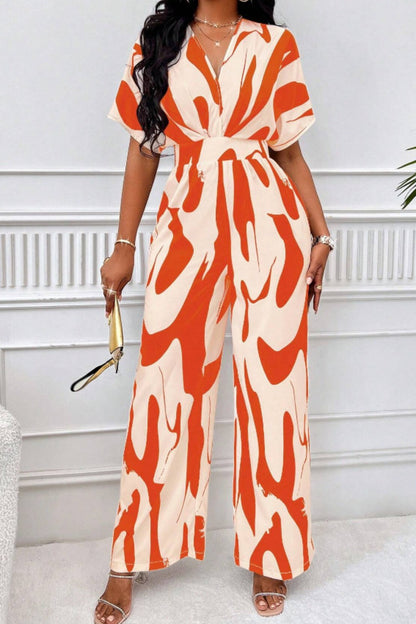 Printed V-Neck Short Sleeve Wide Leg Jumpsuit - In Style Chics Boutique LLC