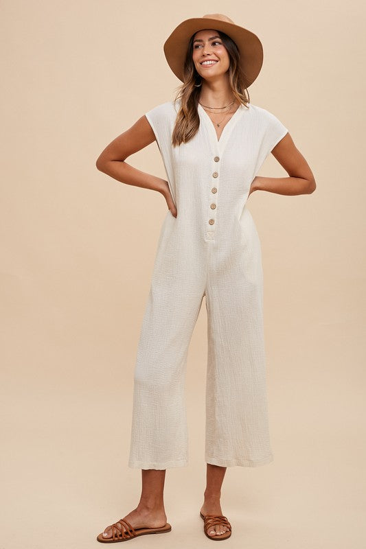 Annie Wear Button Detail Wide Leg Jumpsuit with Pockets - In Style Chics Boutique LLC