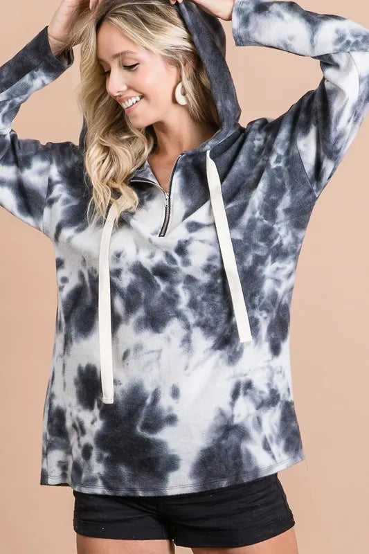 Tie Dye Brushed Terry Hoodie with Zip Up Closure