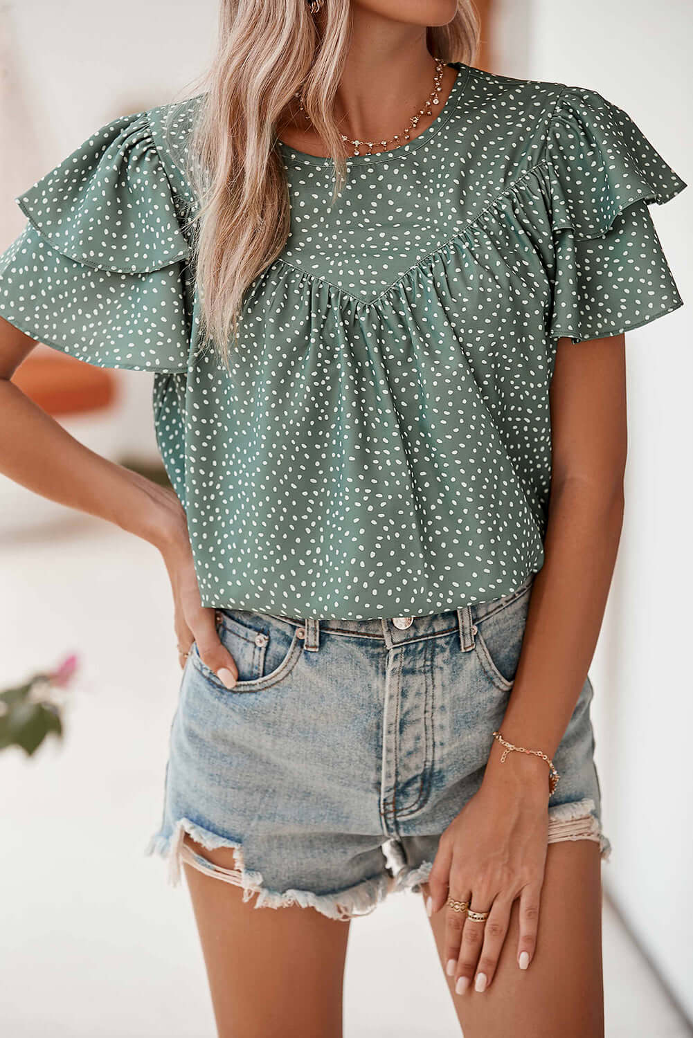 Laurel Green Spotted Print Pleated Ruffle Sleeve Blouse - In Style Chics Boutique Online Clothing Women's Juniors Free Shipping