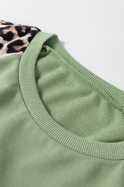 Grass Green Leopard Print Patchwork Raglan Sleeve Sweatshirt