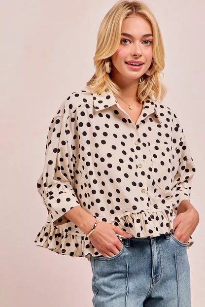 Shop Polka Dot 🤍🖤 Printed Peplum Top with Front Button at In Style Chics Boutique