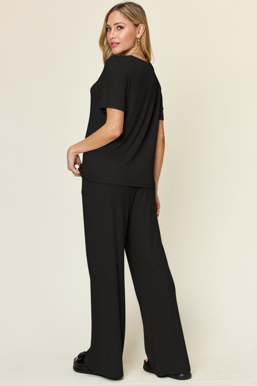 Double Take Round Neck Short Sleeve T-Shirt & Wide Leg Pants Set - In Style Chics Boutique LLC