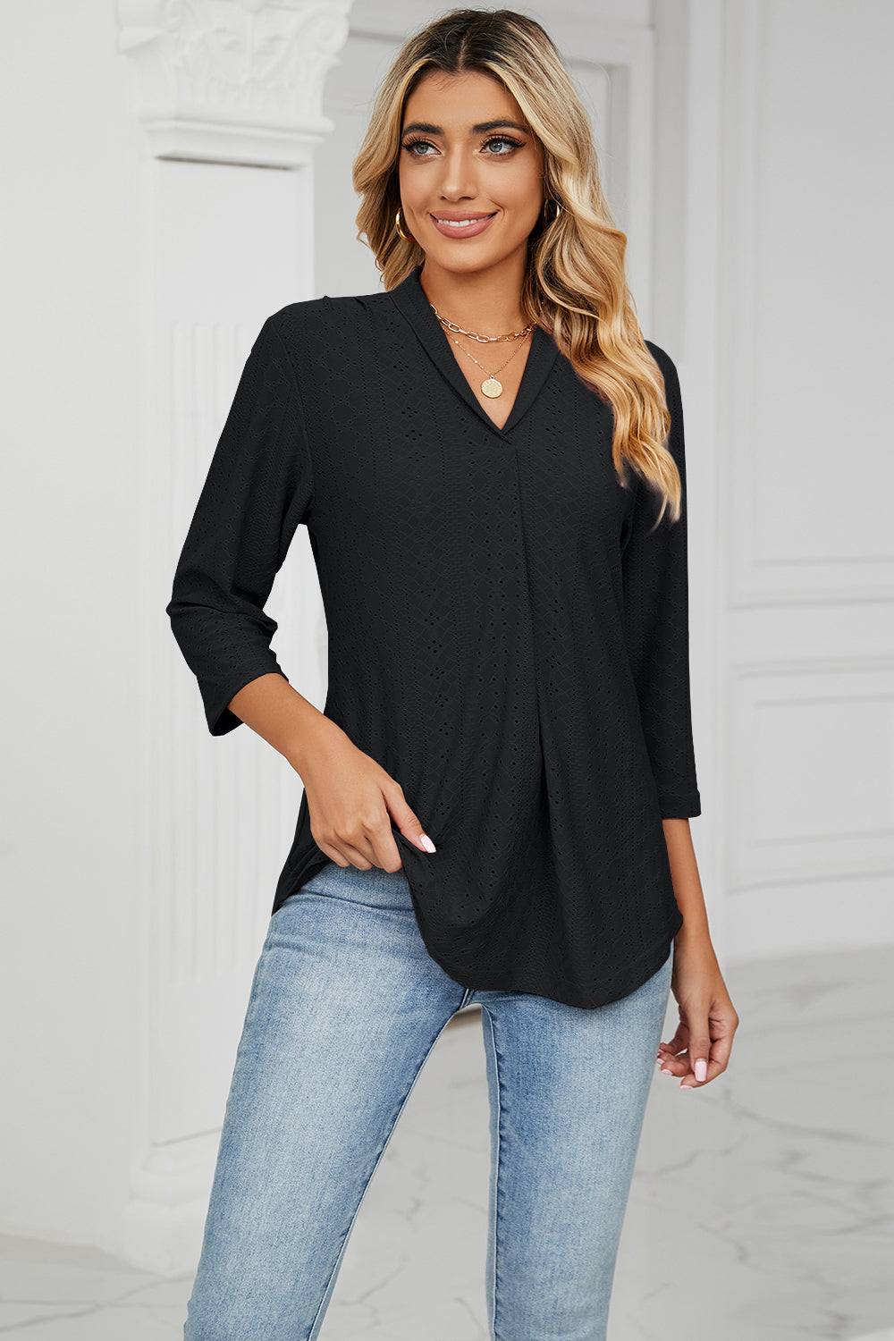 Eyelet Three-Quarter Sleeve Blouse - In Style Chics Boutique LLC