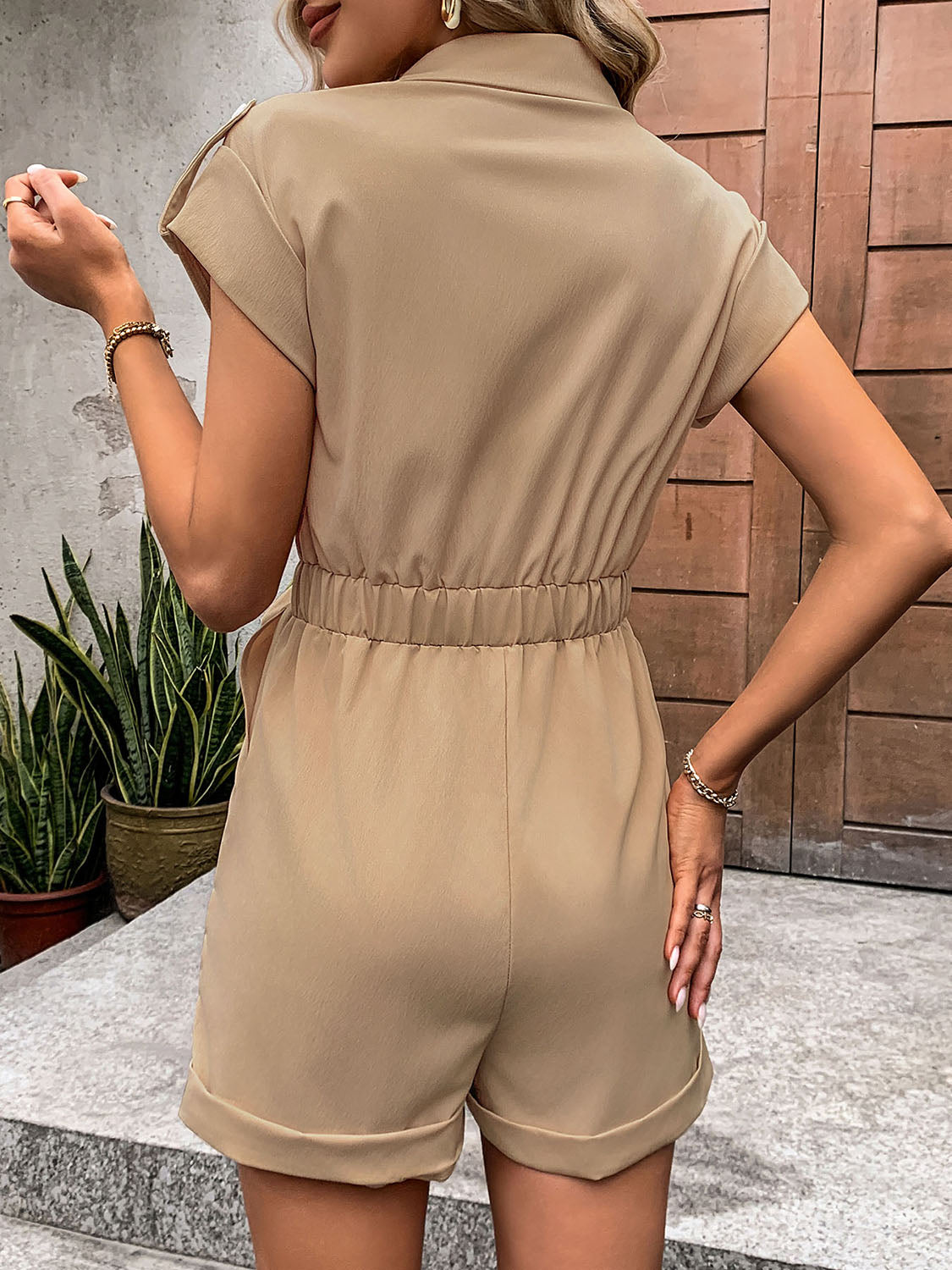 Collared Neck Tie Waist Romper with Pockets - In Style Chics Boutique LLC