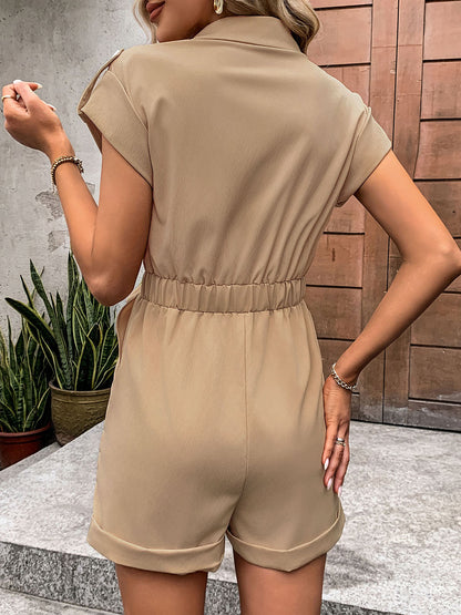 Collared Neck Tie Waist Romper with Pockets - In Style Chics Boutique LLC