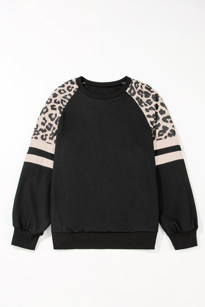 Grass Green Leopard Print Patchwork Raglan Sleeve Sweatshirt