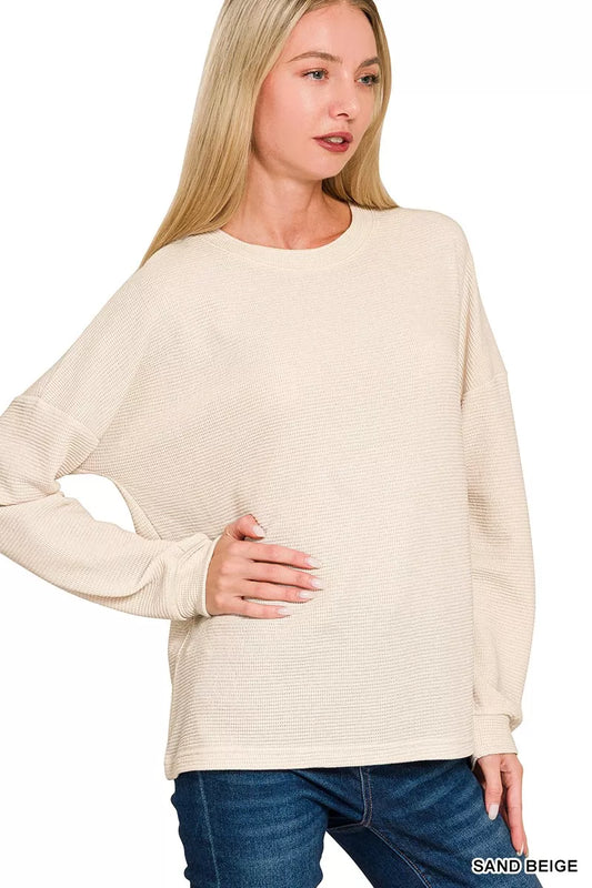 Shop Zenana Double Knit Round Neck Long Sleeve Top in Sand Beige at In Style Chics Boutique 