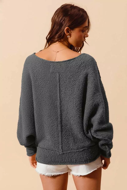 Loose Fit Exposed Seam Slouchy Boucle Sweater 🩶 at In Style Chics Boutique 